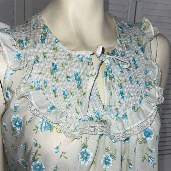 Vintage Amy Sue Blue Floral Prairie Long Sleeveless Nightgown Size Medium - Picture 4 of 15